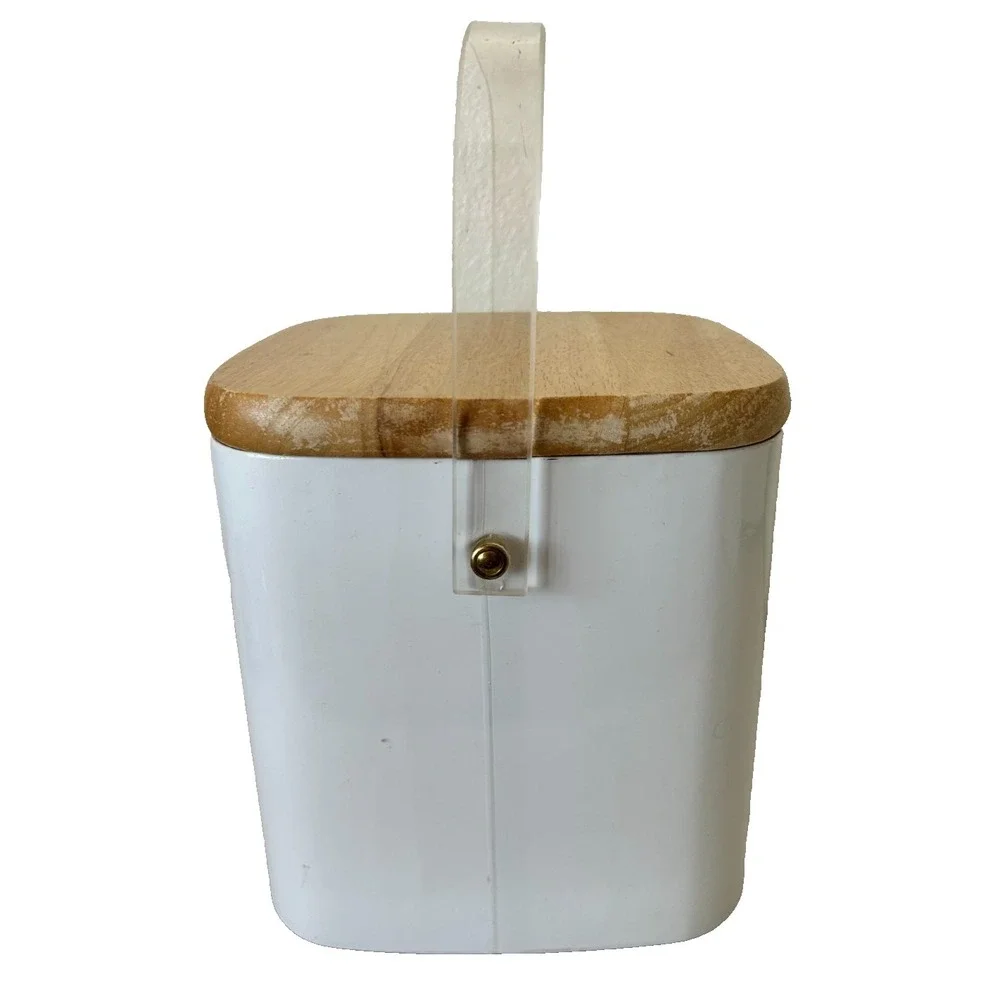 Vintage Culver Ice Bucket White Vinyl Wrap Wood Lid Lucite Handle Barware 13